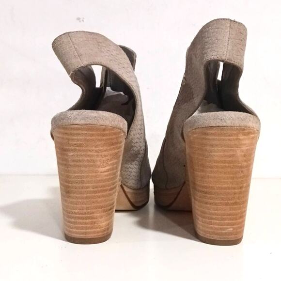 Eileen Fisher Taupe Thatched Suede Wood Stacked Statement heel size 9.5 - Picture 3 of 12